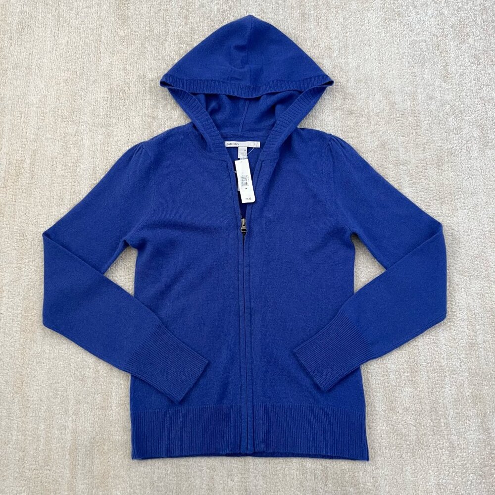 NWT Y2K 2008 Old Navy 100% Cashmere Hooded Zip Up Cardigan Sweater M Blue
